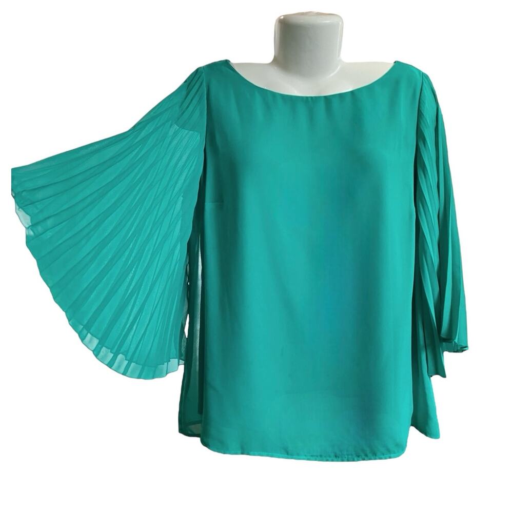 I.N. Studio Women's Green Boatneck 3/4 Accordion Sheer Slv Layered Blouse SZ XL - Picture 3 of 8